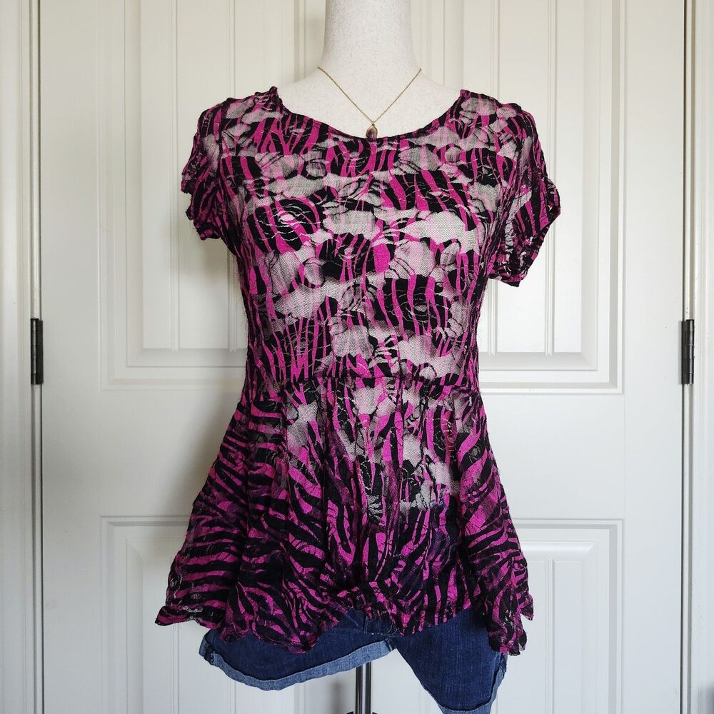 American City Wear Pink/Black Zebra Sheer Mesh Ruffle Babydoll Top